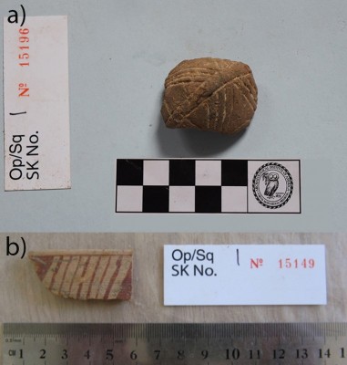 Figure 4. a) Early Bronze Age biconical spindle whorl with incised and filled decoration; b) early Ionian bowl fragment from a fill adjacent to operation 1, house 2.